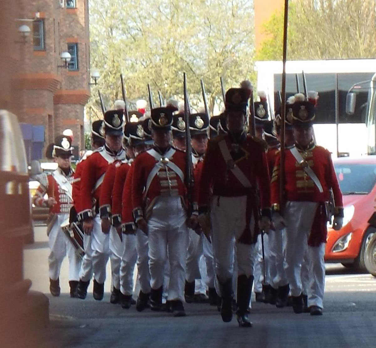 Re-enactors dressed in the uniform of the Coldstream Guards from 1815